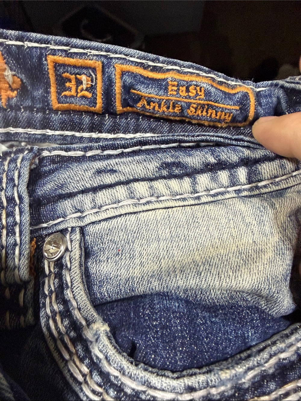 Rock Revival Denim jeans.  Pockets with Rhinestone 'R' Embroidery. - Picture 2 of 4